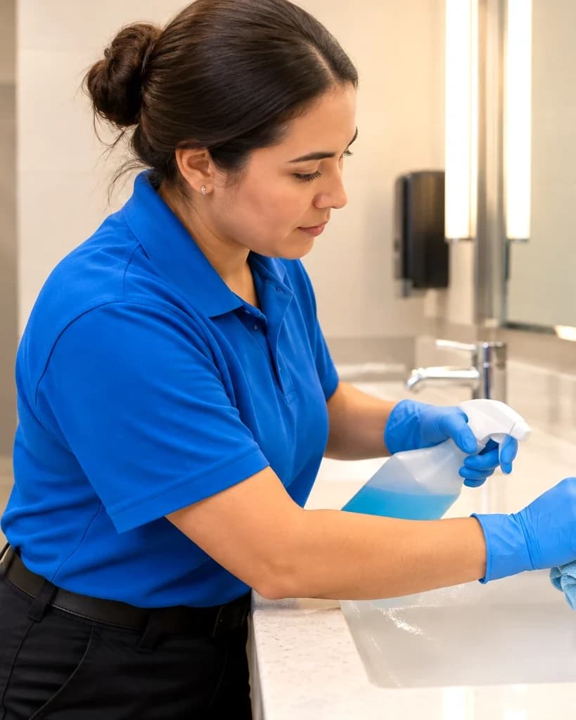 Cleaner removing hard water scale from a commercial restroom faucet in San Antonio